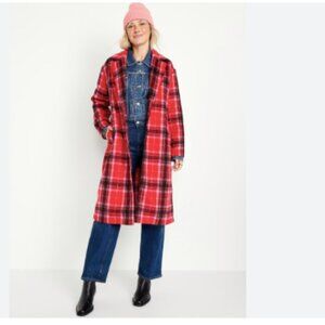 NWT Old Navy Soft Brushed Overcoat Red Tartan Plaid